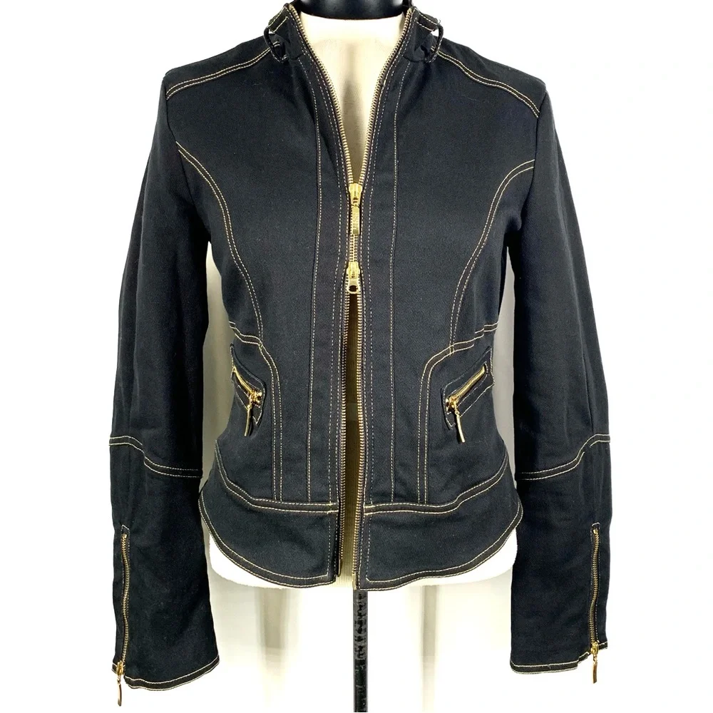 ❗️SOLD❗️Y2K Georgiou Studio Black Denim Tailored Mock Neck Zip Jacket S - Picture 3 of 11